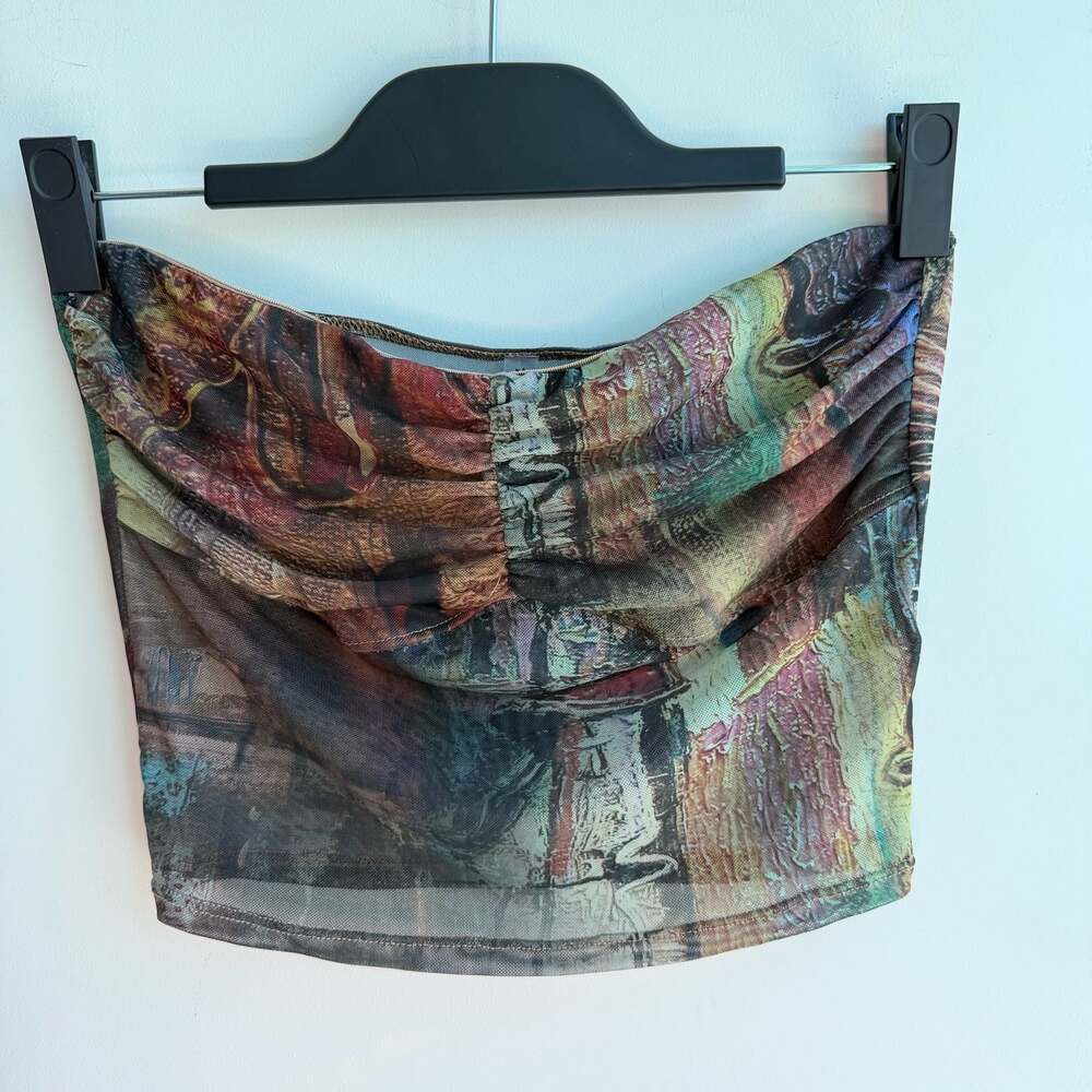 7day wknd Abstract Print Ruched Mesh Tube Top Size L/G